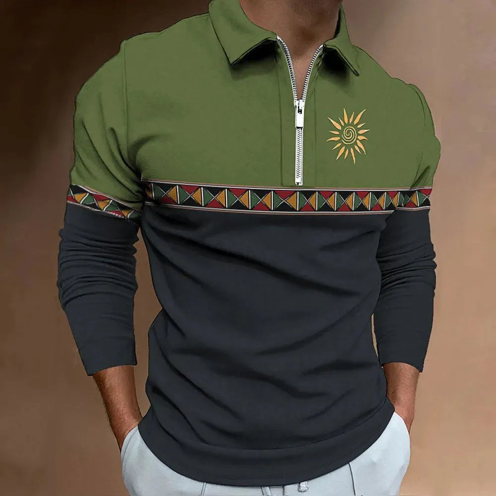 Men's loose fit long sleeve t-shirt with retro stripe prints and zip decorations