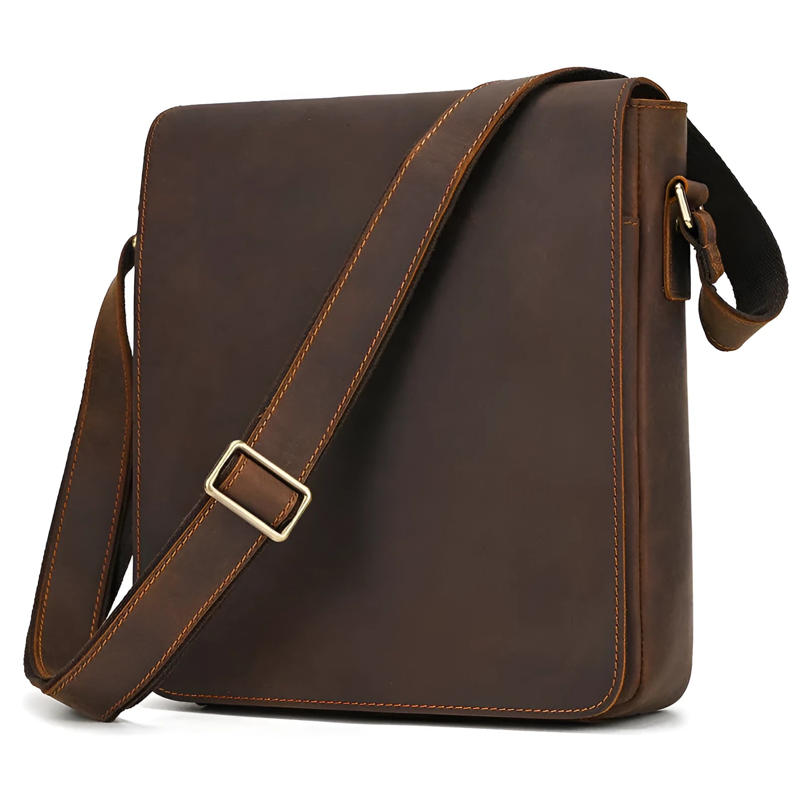 Brown men's leather crossbody shoulder bag with visible stitching and a long strap.