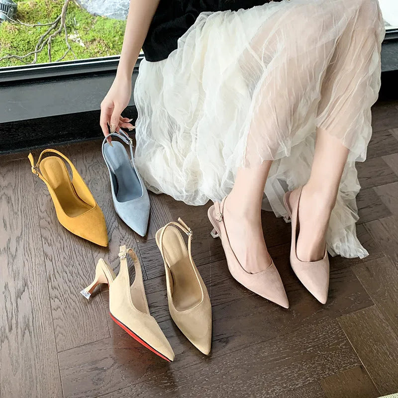 Women's pointed toe stiletto high heels in suede, shown in apricot, pink, sky blue, and yellow colours.