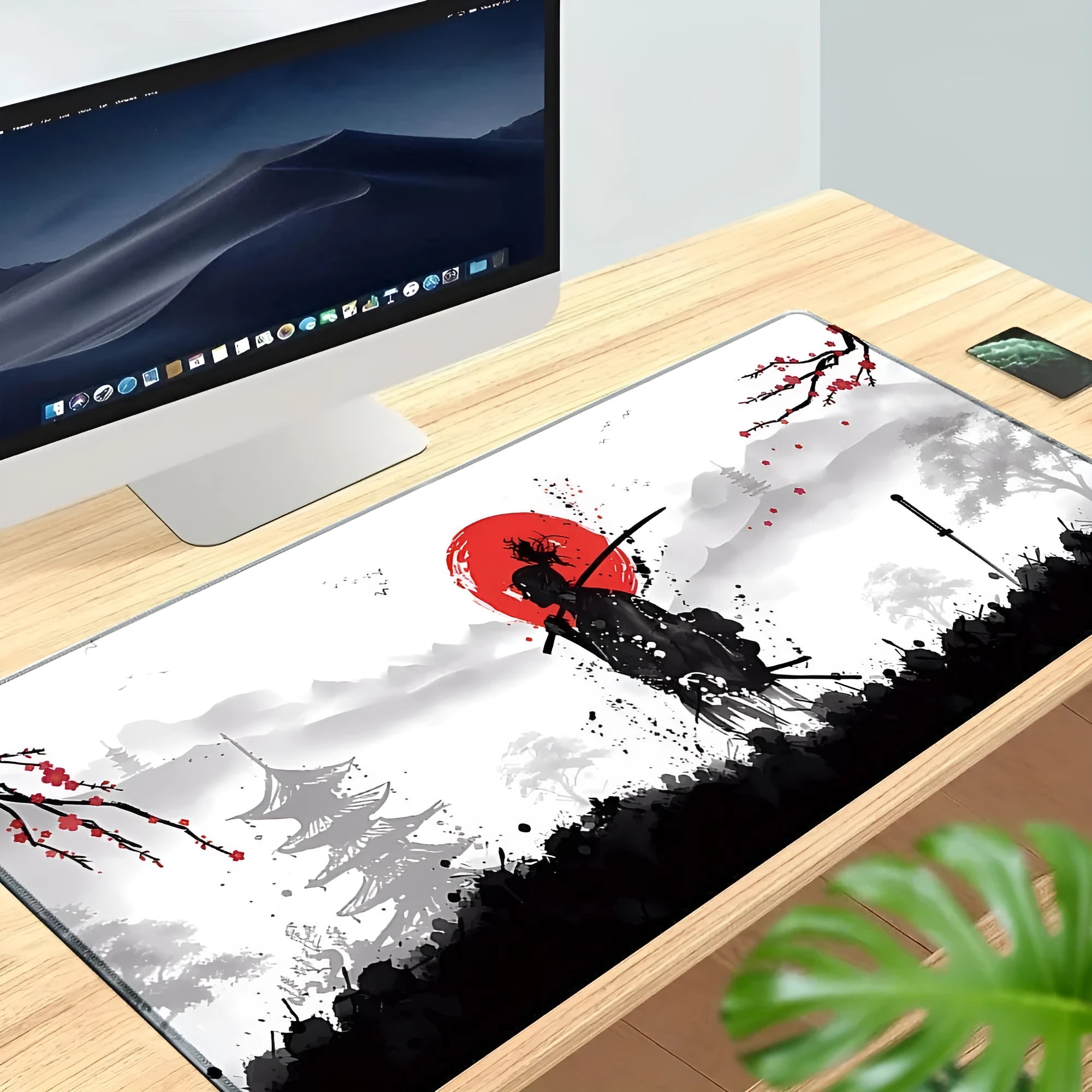 Japanese Samurai design gaming mouse pad on a desk, showing non-slip cloth base and thermal transfer print.