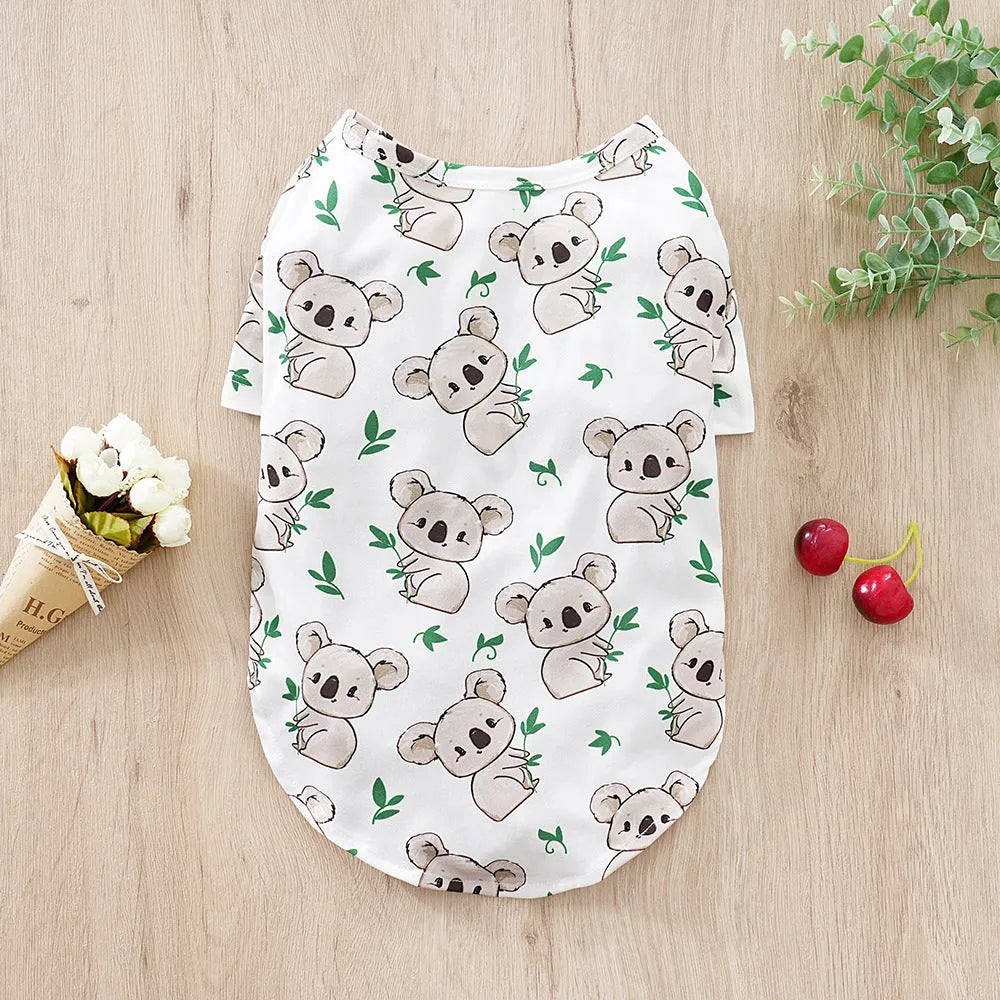 Printed polyester dog t-shirt in casual style for spring and autumn wear with size chart showing weight ranges and measurements