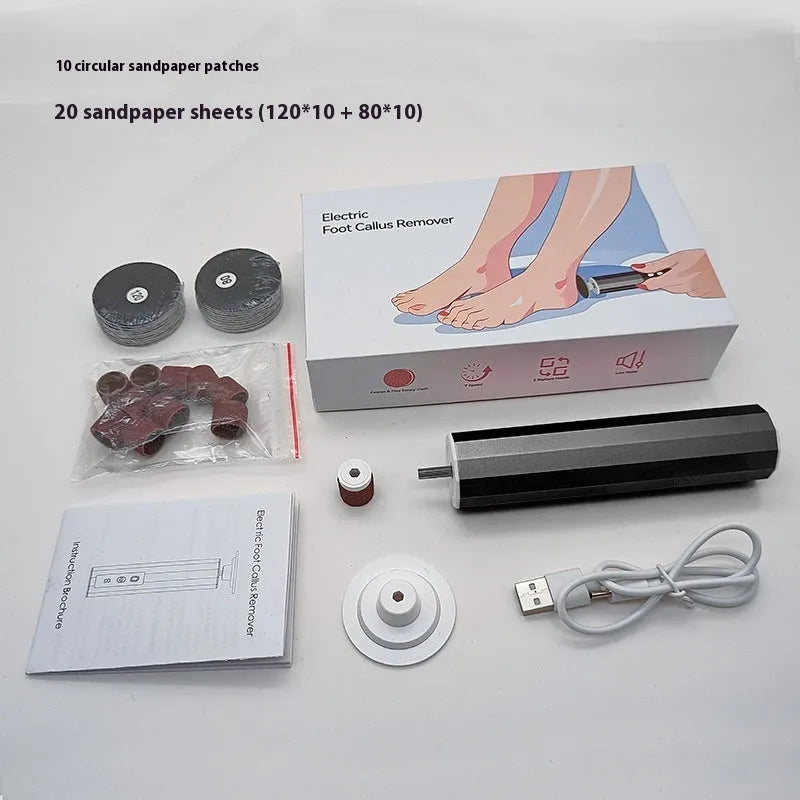 USB-powered electric callus trimmer manicure kit with sandpaper wheels in black, pink, or purple.