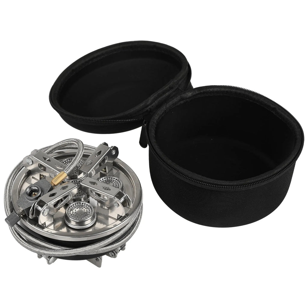 Silver portable split camping stove with hose, dimensions 155mm by 125mm.