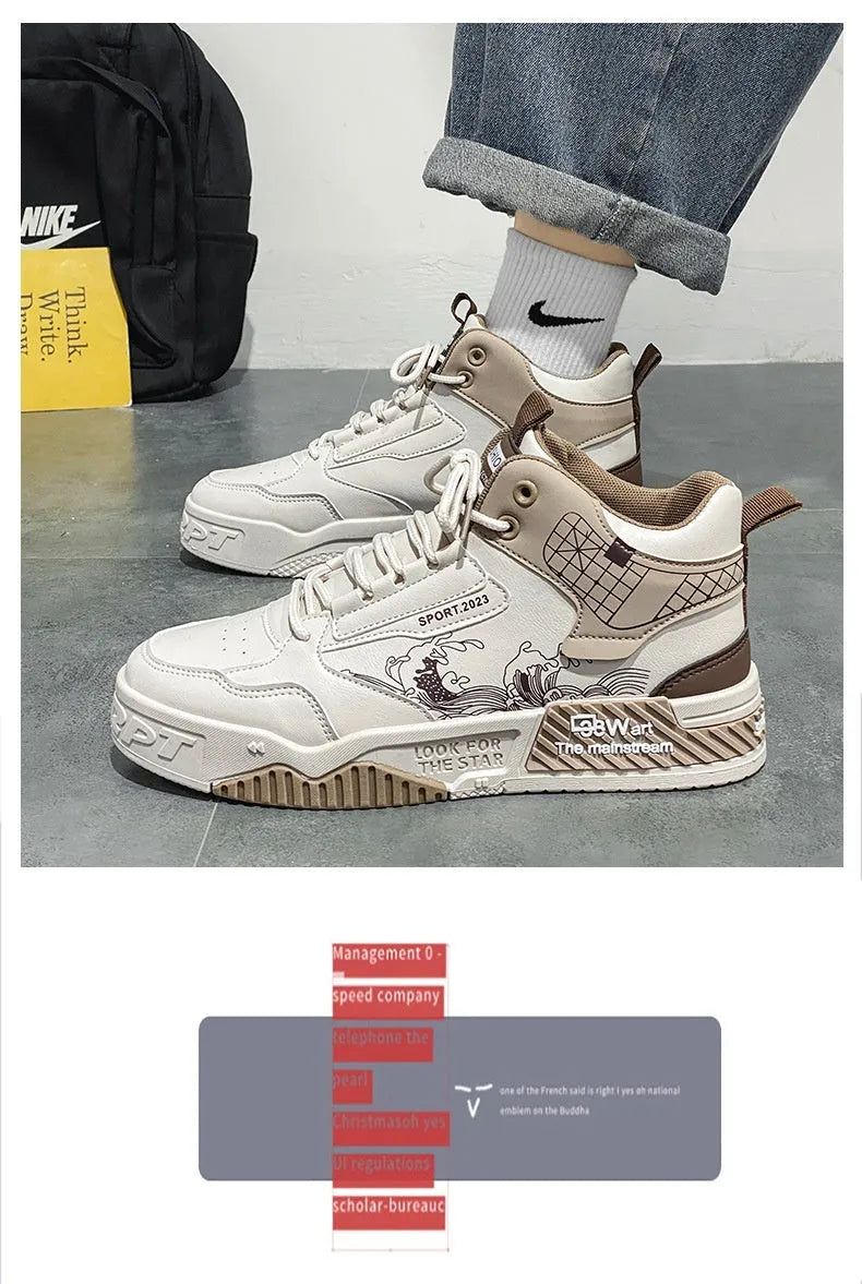 Men's high-top casual board shoes in beige, white, and blue with flat rubber soles and lace-up front