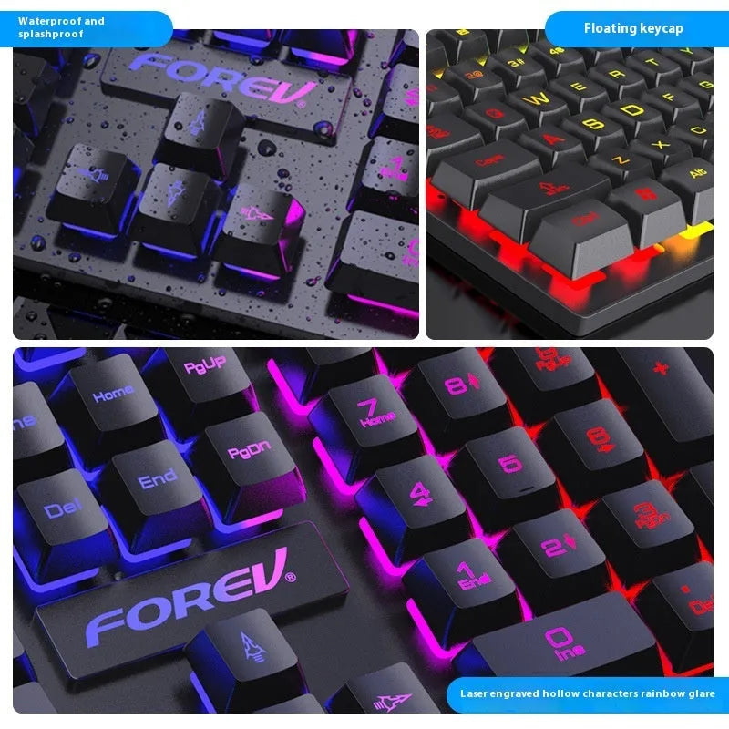 Black 104-key backlight gaming keyboard with mouse on desk showing compact design