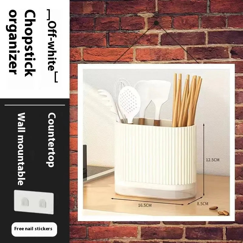 Plastic wall-mounted kitchen chopsticks basket with spoon holder and drain holes in beige colour