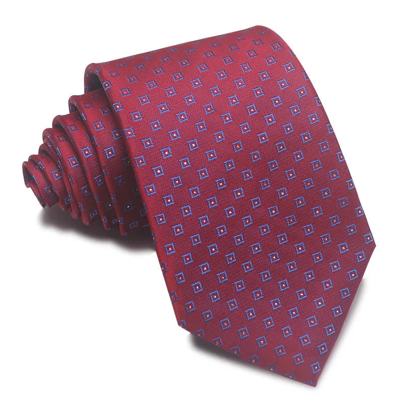 Men's red, black, and blue striped jacquard tie with an arrow shape and 8cm width.
