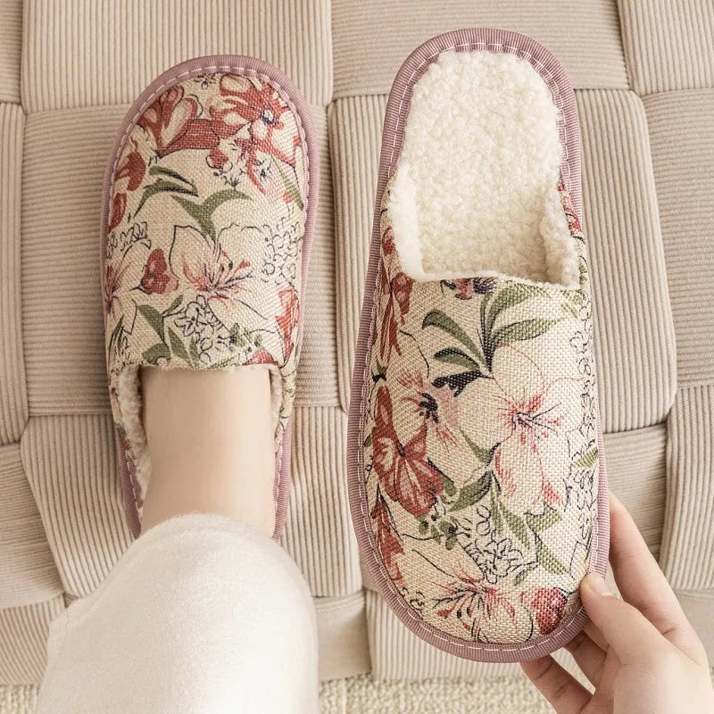 Household cotton slippers with linen surface in floral pattern colours and PVC sole