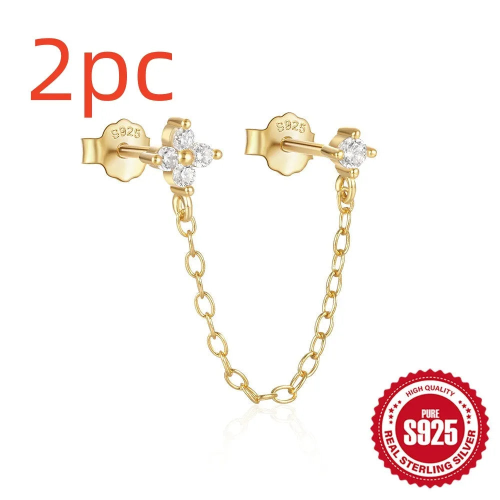 S925 sterling silver flower tassel chain ear studs with geometric shape and gold electroplated finish
