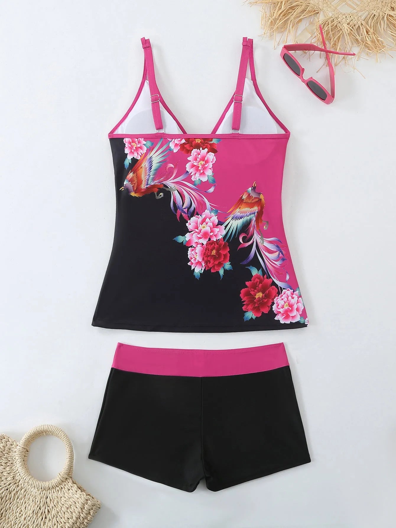 Plus size women's swim briefs in black or rose red printed pattern with cotton lining.
