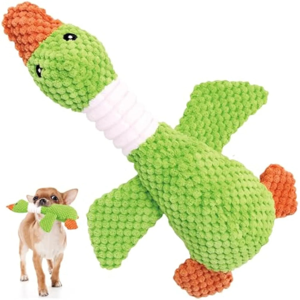 Blue, green, and grey duck-shaped durable dog plush toy with squeaker for chewing and play