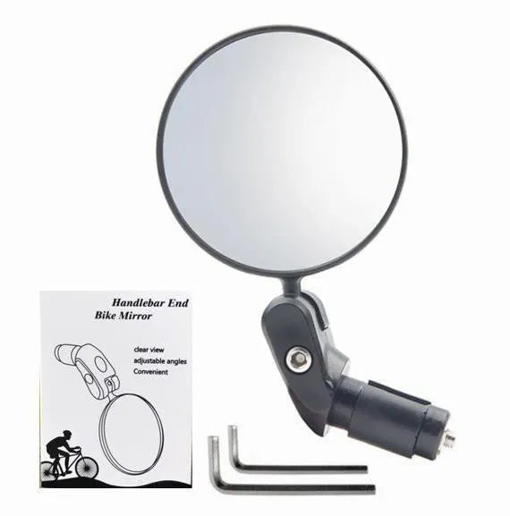 Black foldable convex rearview mirror for vehicles with 7cm reflective surface and 14cm arm.