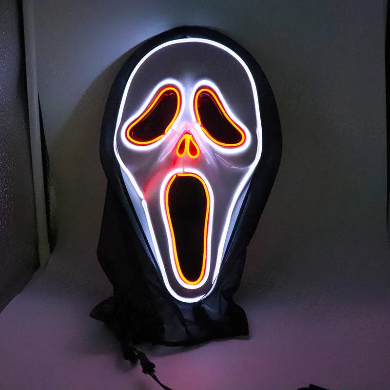 White plastic scary skull LED glowing screaming mask with ice blue light for Halloween party