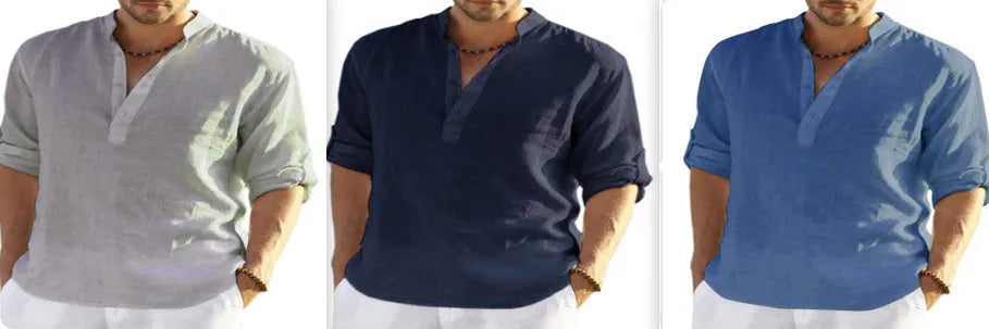 Men's light blue cotton linen casual shirt with a stand collar and button-down front.