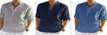 Men's light blue cotton linen casual shirt with a stand collar and button-down front.