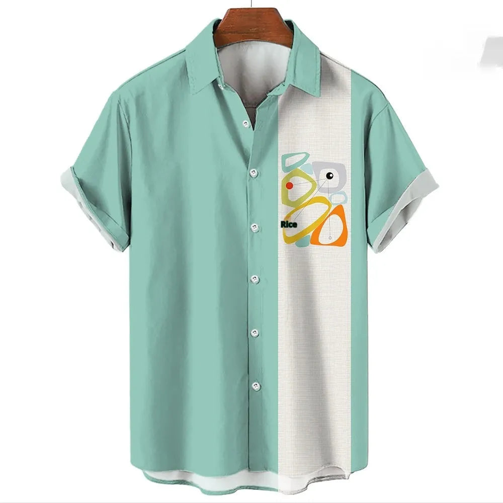 Men's striped Hawaiian shirt in polyester fabric with button-up short sleeves