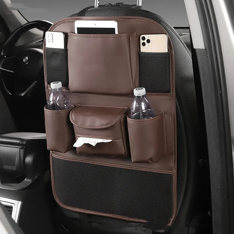 Genuine leather car seat back storage bag in four colour options hanging behind car seat