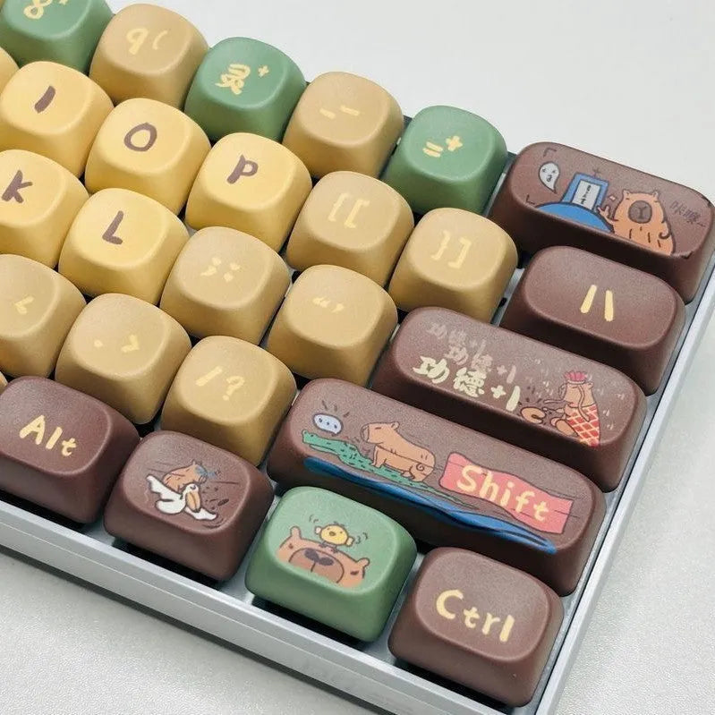 Capabala PBT mechanical keyboard keycap set showing 130 colourful keycaps with clear printed legends
