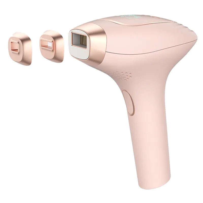 Pink and white laser hair removal device with ice-sensing technology and included accessories