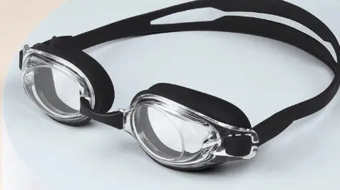 Adult myopia swimming goggles with anti-fog lenses and a protective storage case.