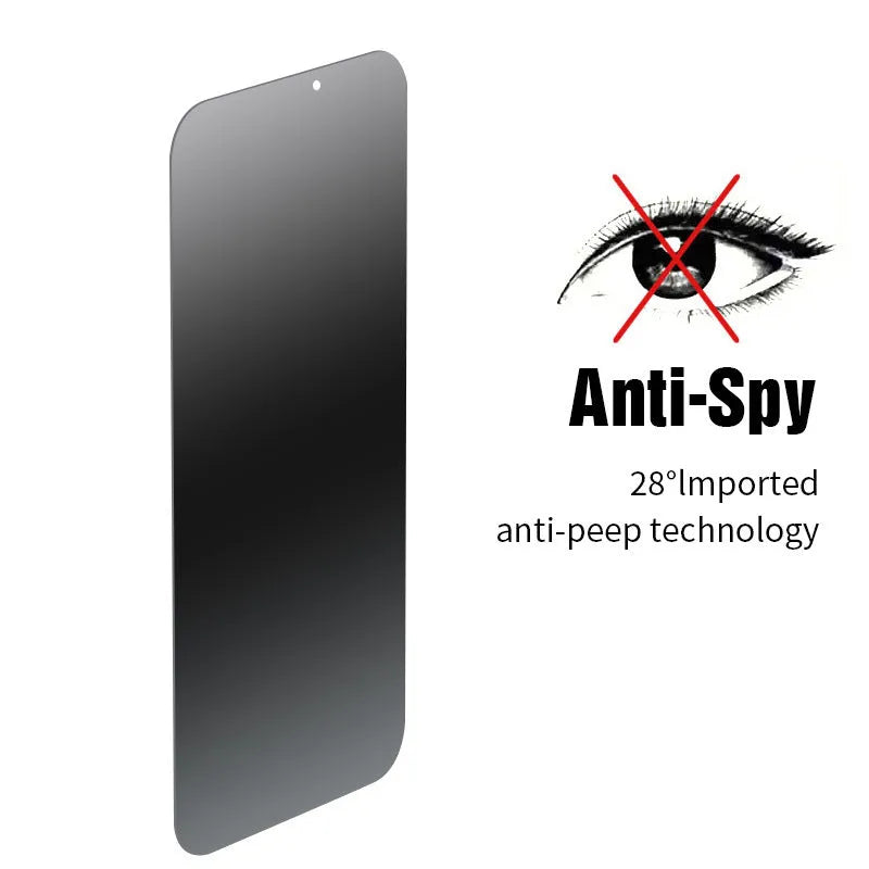 iPhone anti-peeping tempered glass screen protector showing full-screen coverage on a mobile phone.