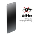 iPhone anti-peeping tempered glass screen protector showing full-screen coverage on a mobile phone.