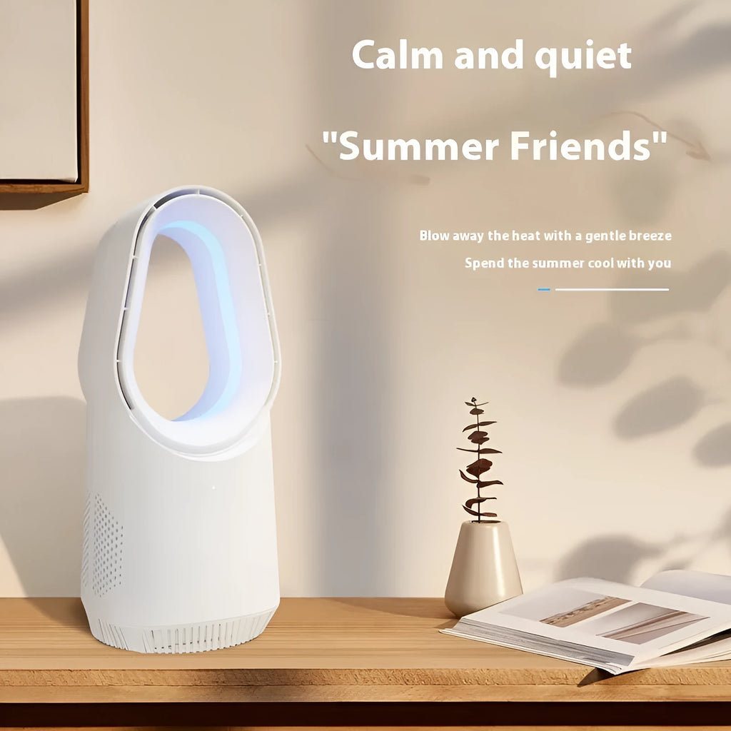 White SK bladeless tower fan standing on a floor, showing its sleek column design and touch control panel.