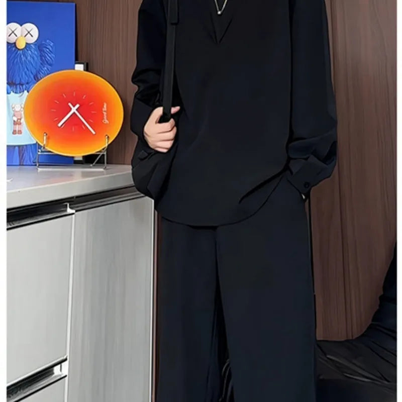 Men's black casual long sleeve polo shirt and trousers two-piece suit set in slim fit sports style