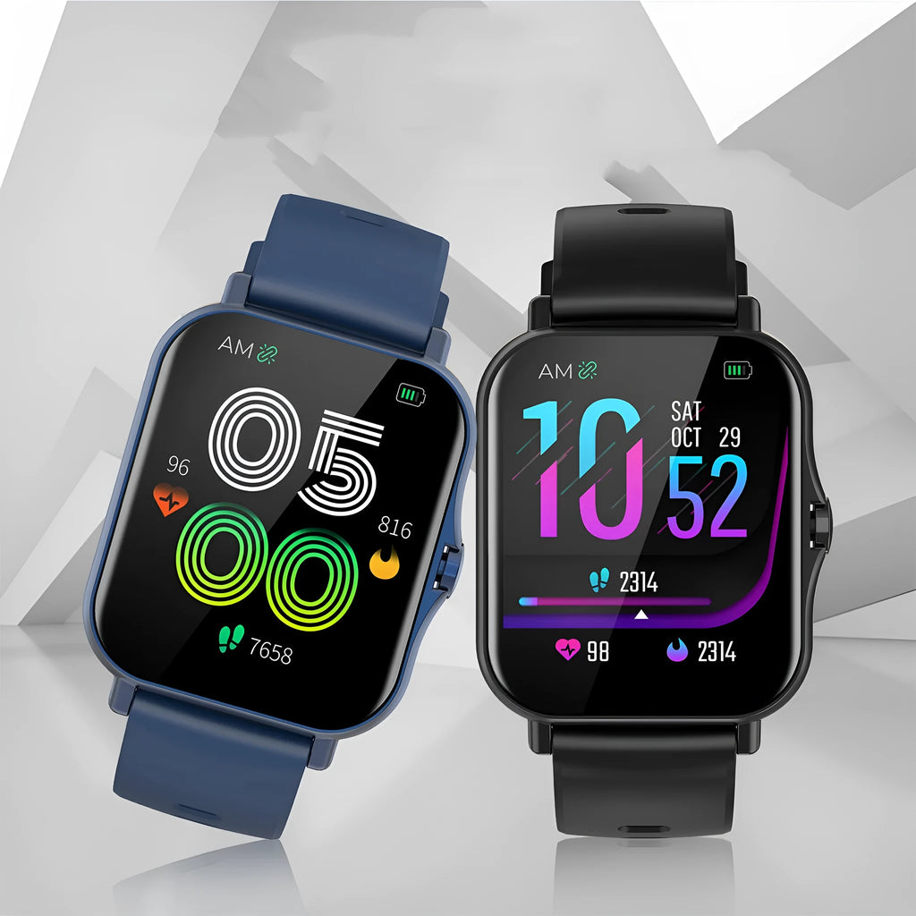 W10 smart watch in black showing heart rate display on its 1.75-inch curved touch screen.