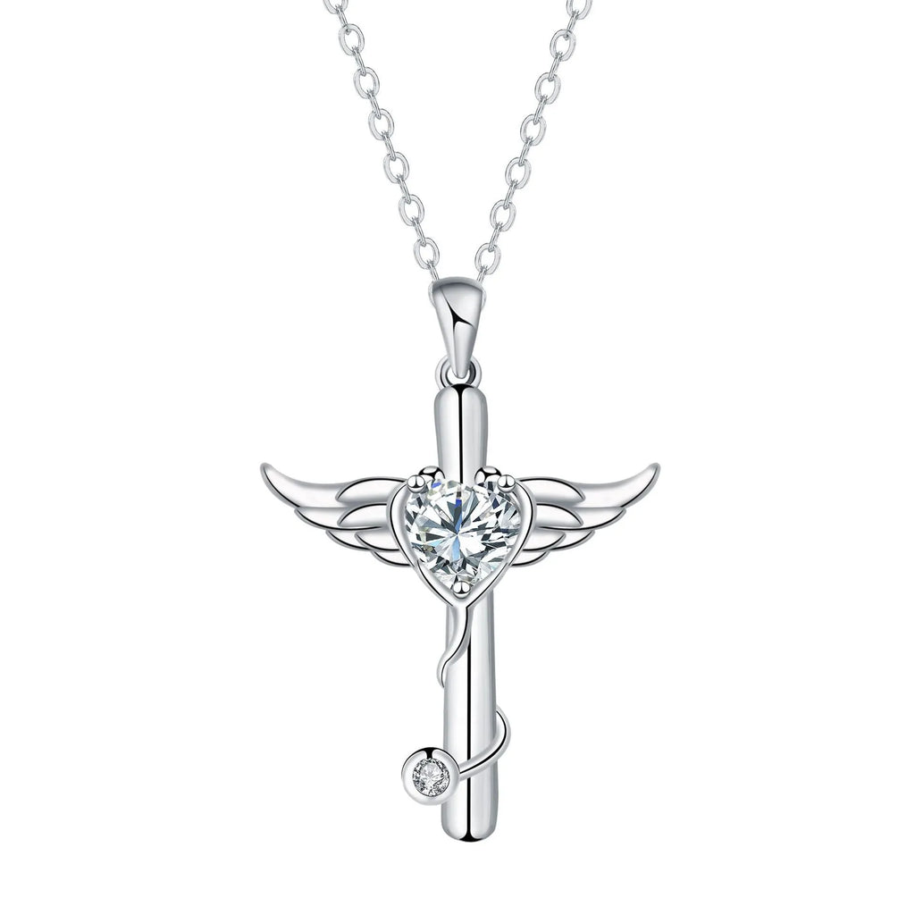 Cross stethoscope necklace with personality wings design in electroplated copper, available in white or red diamond colours