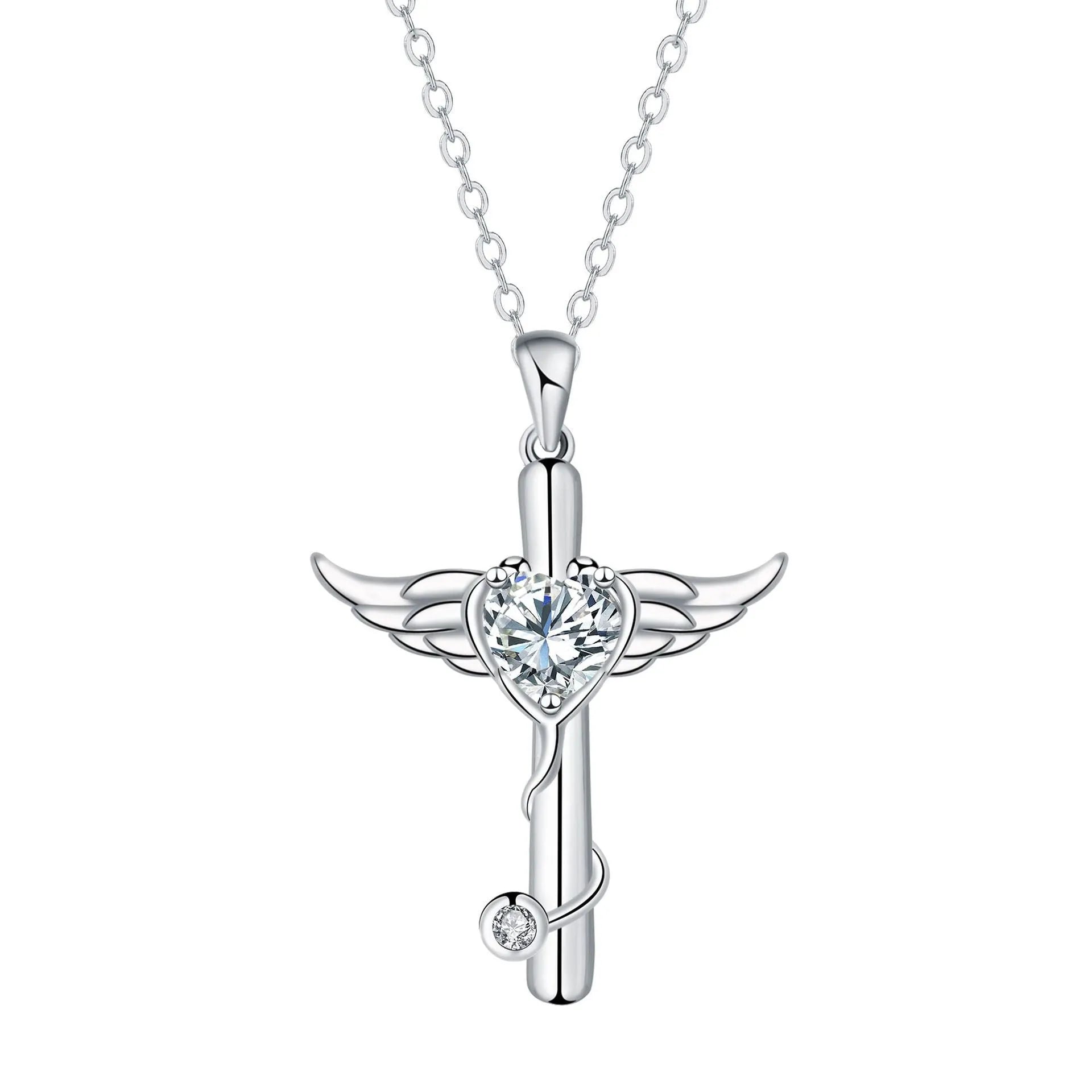 Cross stethoscope necklace with personality wings design in electroplated copper, available in white or red diamond colours