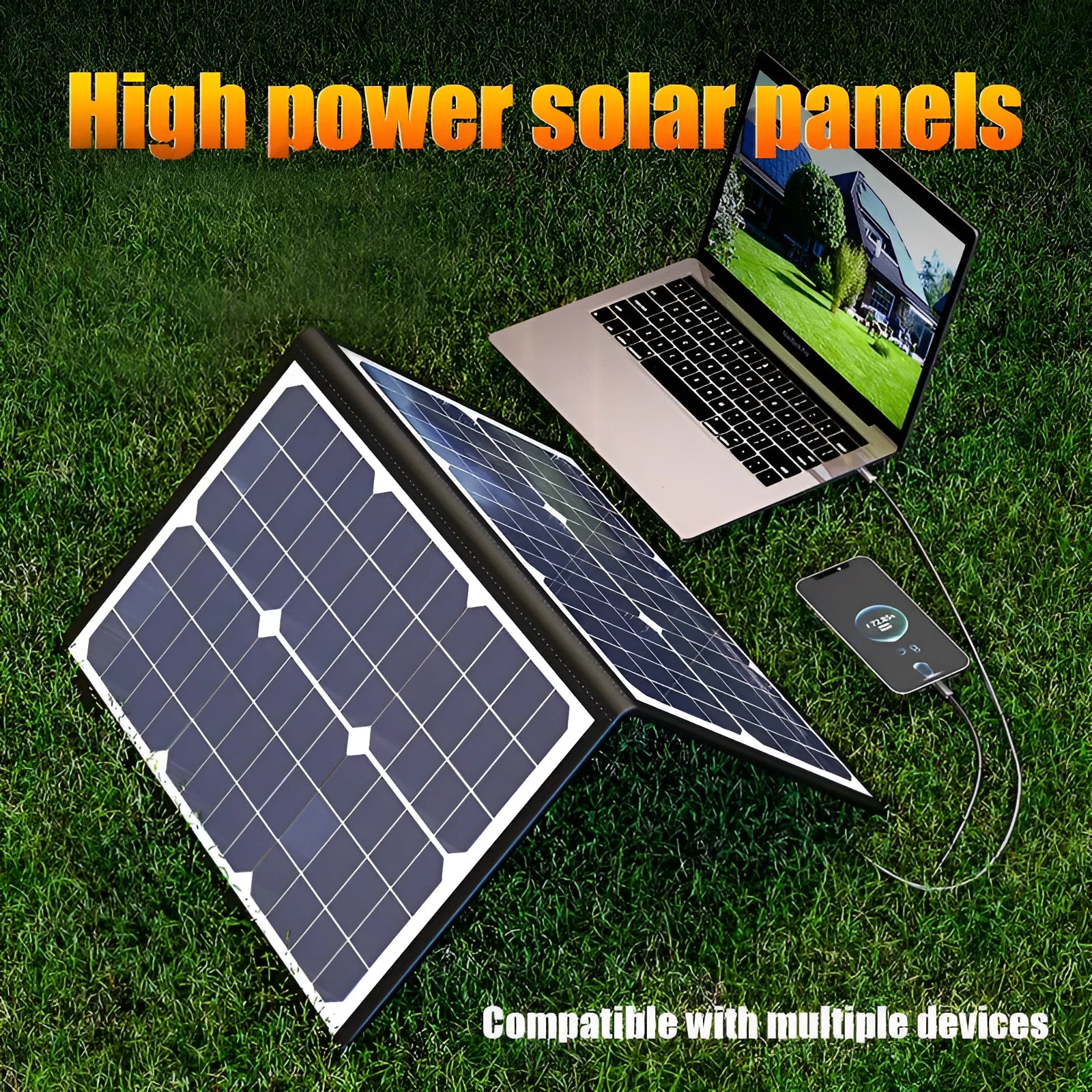 Black 40W folding portable solar panel bag shown folded to its 425x285mm size