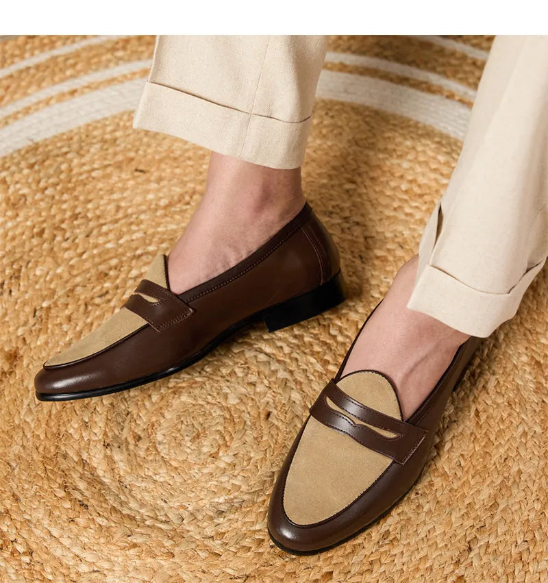Men's coffee grey suede leather Belgium loafers with a slip-on design and rubber sole.