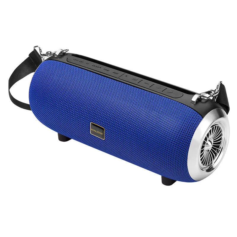 F666 square portable Bluetooth speaker with fabric mesh front, shoulder strap, and FM antenna.