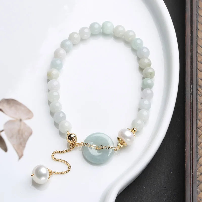 Handmade jade pearl bracelet with natural emerald peace buckle and geometric national style design