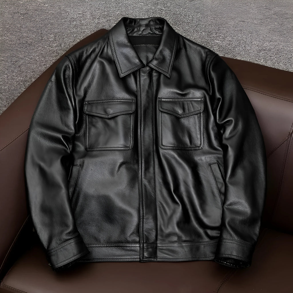 Men's black lapel PU leather jacket with side pockets and loose fit design for plus size wearers