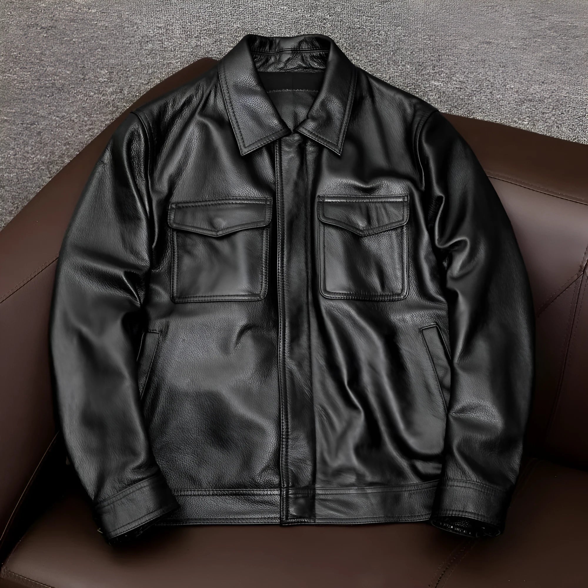 Men's black lapel PU leather jacket with side pockets and loose fit design for plus size wearers