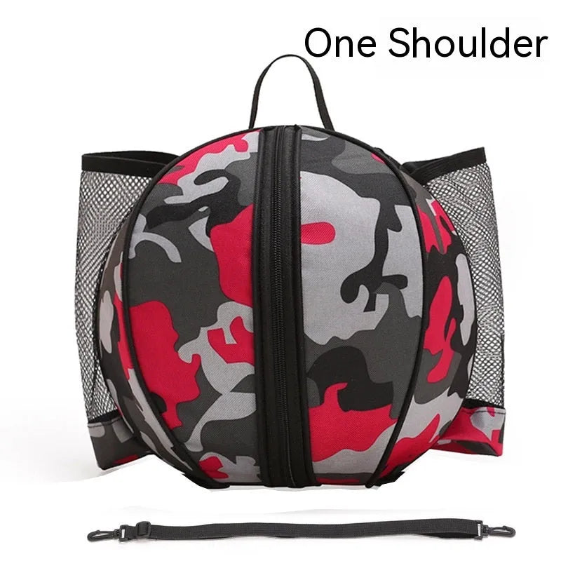 Black Oxford cloth basketball training bag with a single shoulder strap, shown next to a basketball.