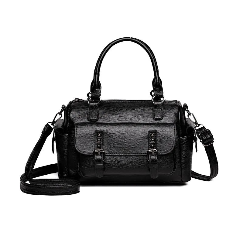 Vintage-style large messenger bag in PU leather, showing horizontal square shape and contrast stitching.
