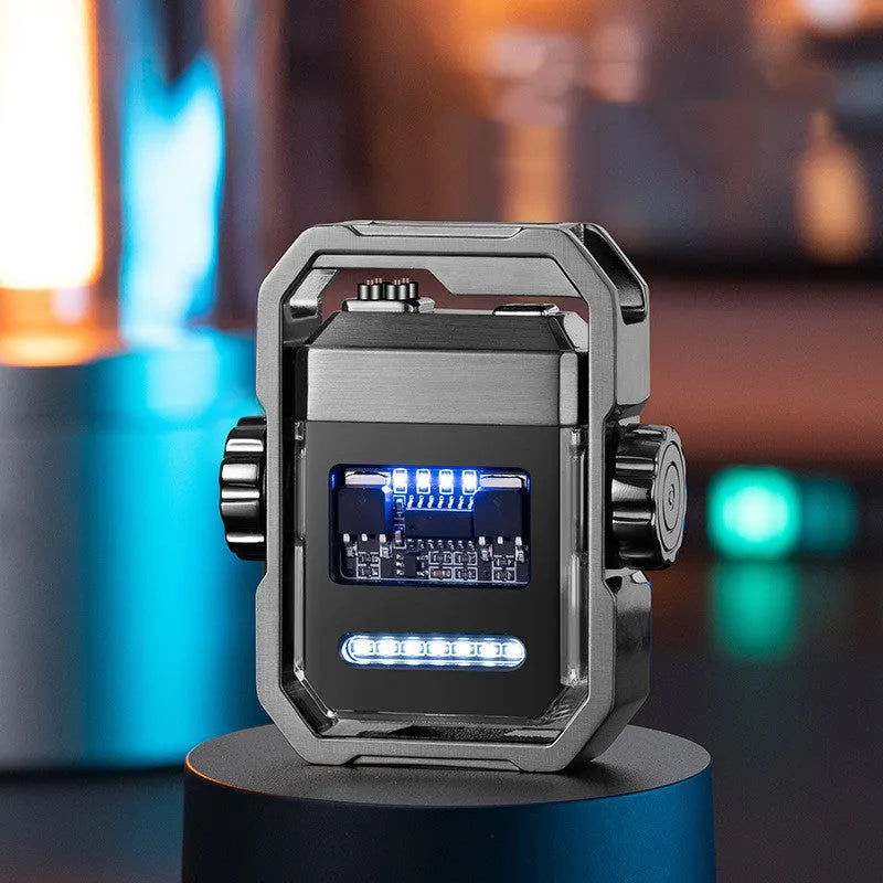 Blue double arc electric lighter with mechanical rotary gyroscope and Type-C charging port
