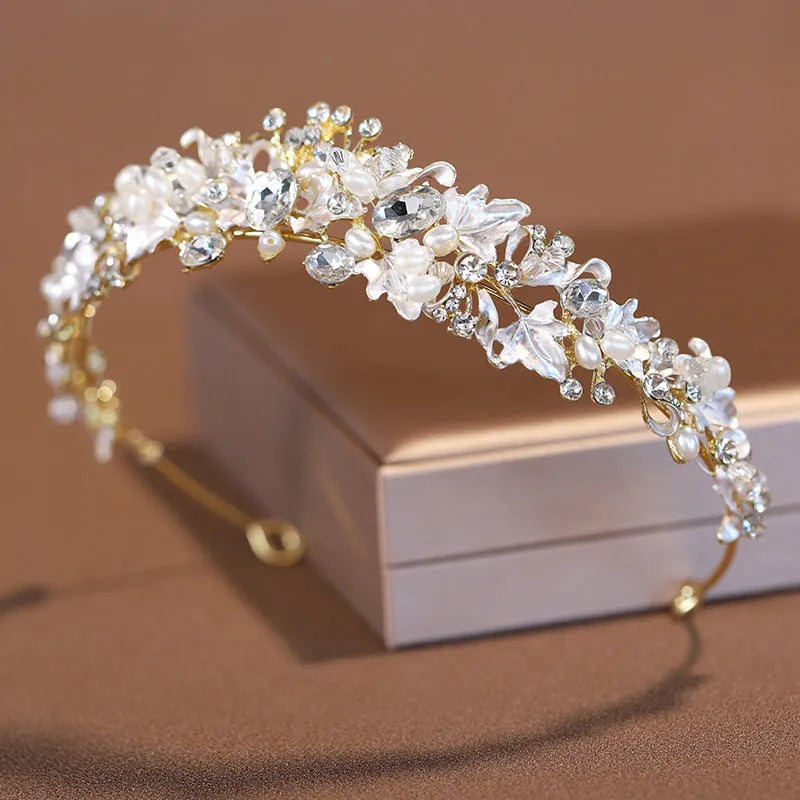 Gold and silver pearl crown headdress for women with alloy electroplated finish