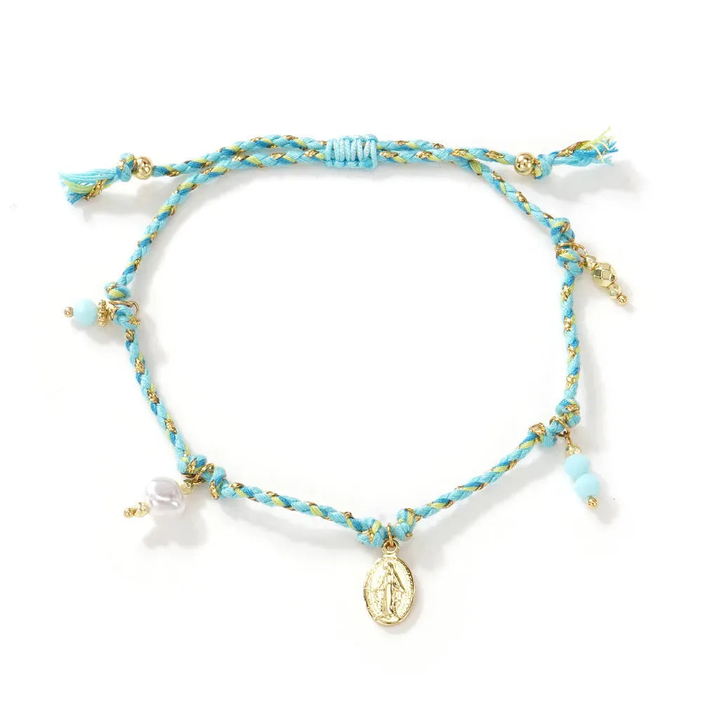 Hand-woven colourful braided rope bracelet with adjustable knot and decorative strap tag