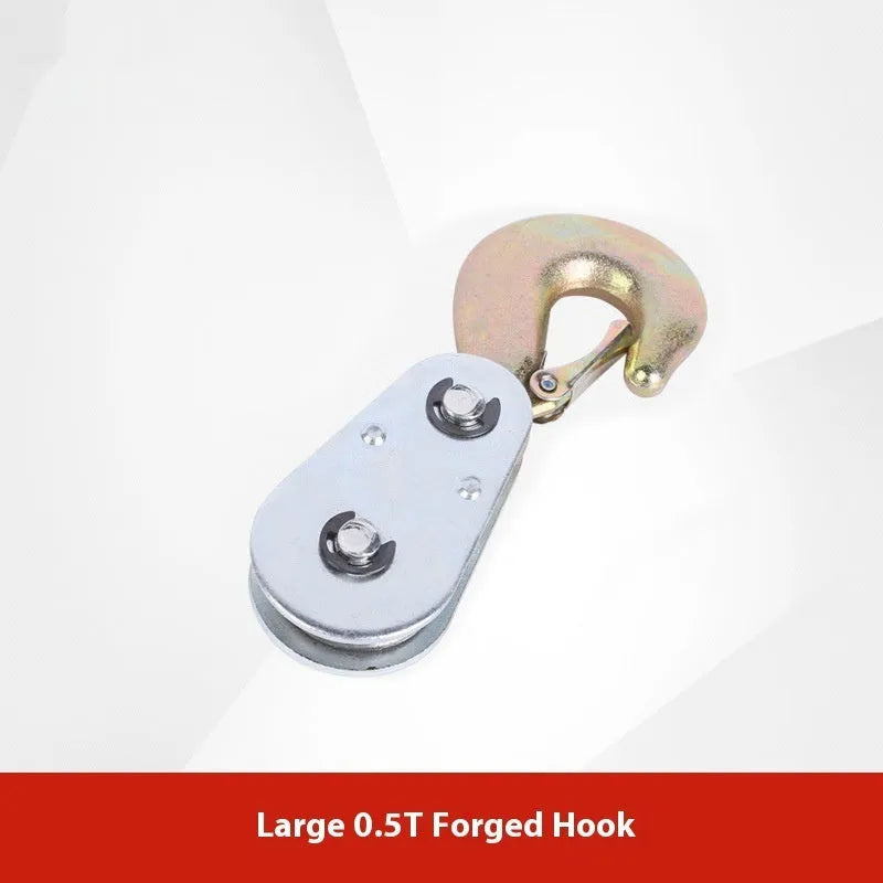 Red forged steel lifting pulley with a ring hook and safety latch for industrial general lifting applications.