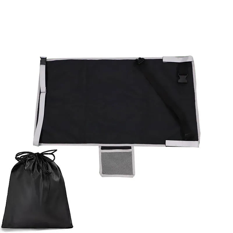 Portable children's aircraft pedal seat extender in blue, black, and grey colours with drawstring storage pocket