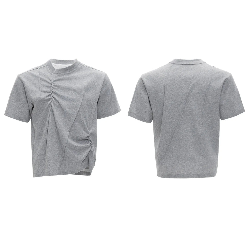 Men's loose fit cotton T-shirt with pleated detail and asymmetric stitching on a round neck, in solid black colour.