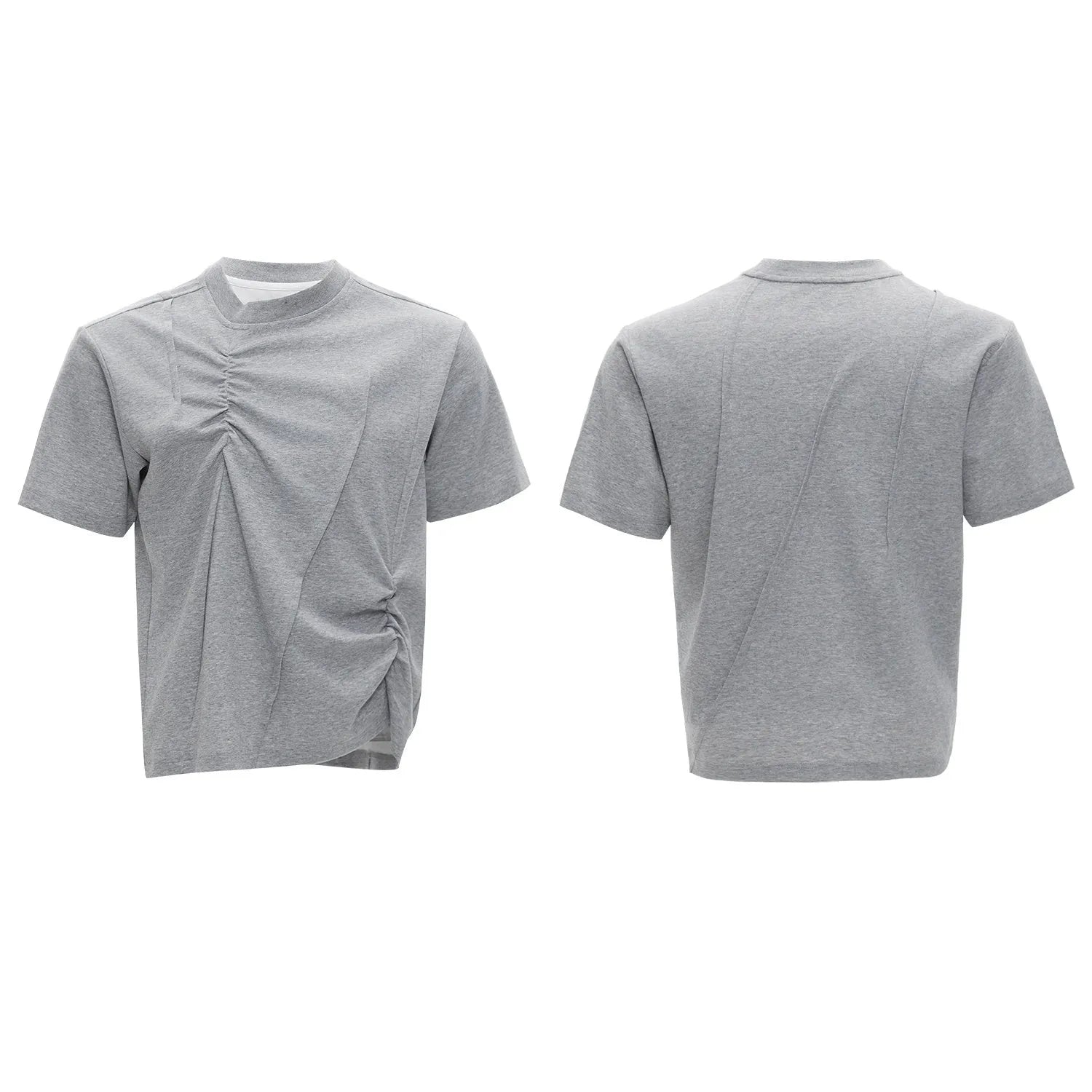 Men's loose fit cotton T-shirt with pleated detail and asymmetric stitching on a round neck, in solid black colour.