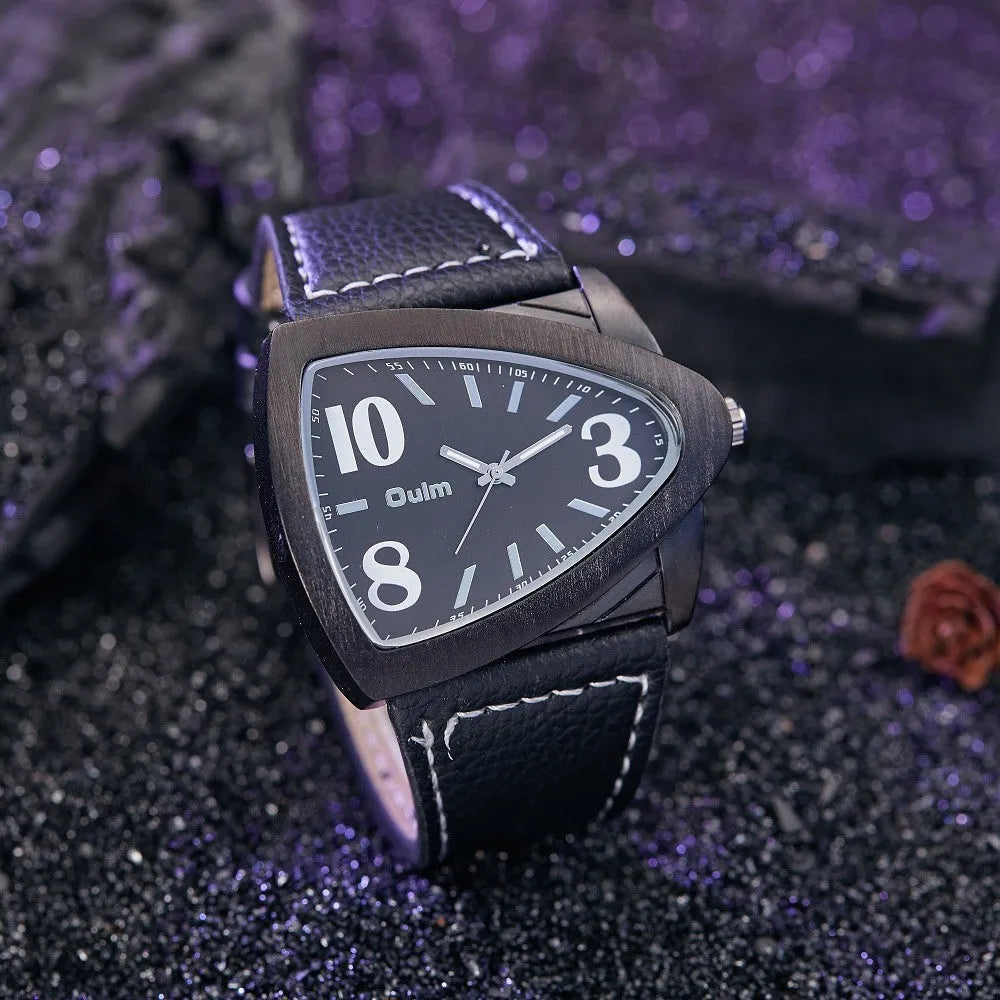 Men's casual triangle belt quartz watch showing brown, black and blue colour options with 9mm thickness