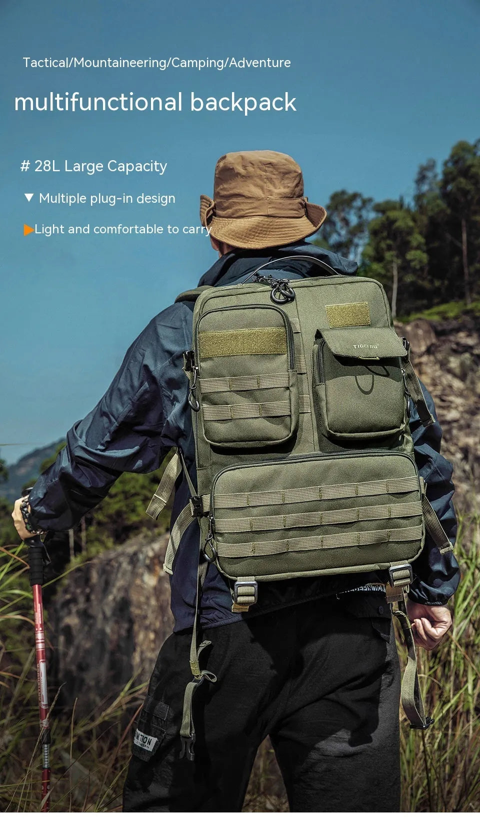17-inch army green tactical backpack with waterproof nylon construction and 20-35L capacity