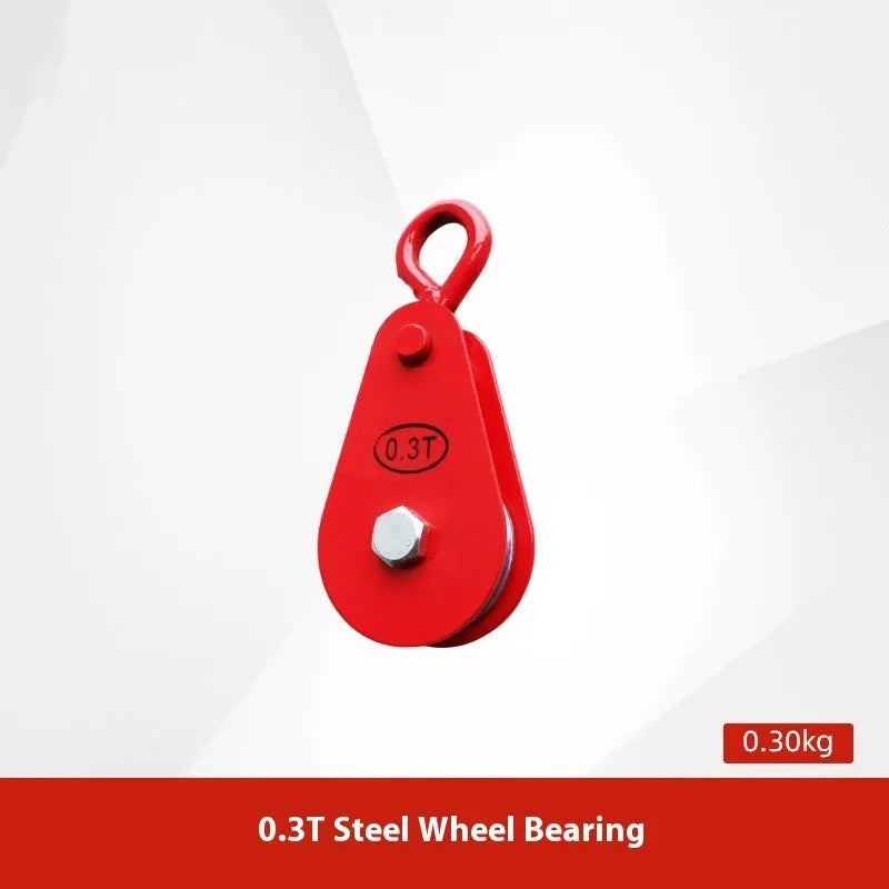 Red forged steel lifting pulley with a ring hook and safety latch for industrial general lifting applications.