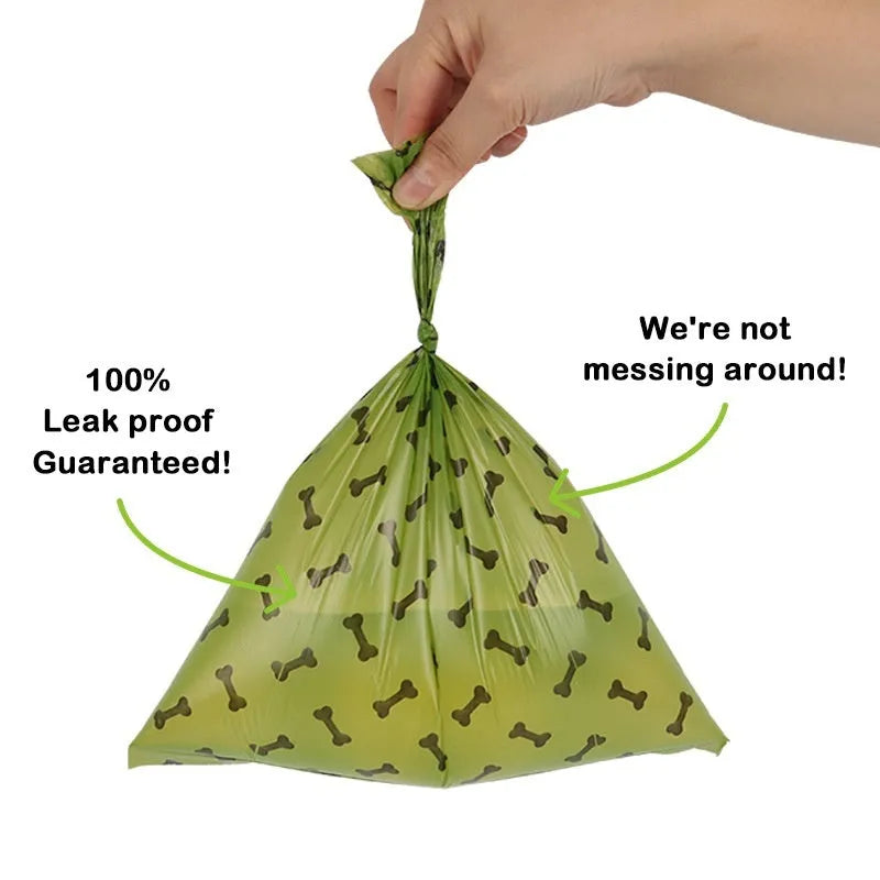 Military green degradable dog poop bags with black bone printing, showing 23x33cm size and roll packaging